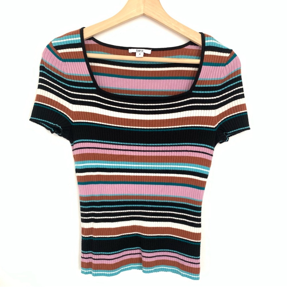 Bar III Short Sleeve Striped Multi-Color Sweater Blouse Medium